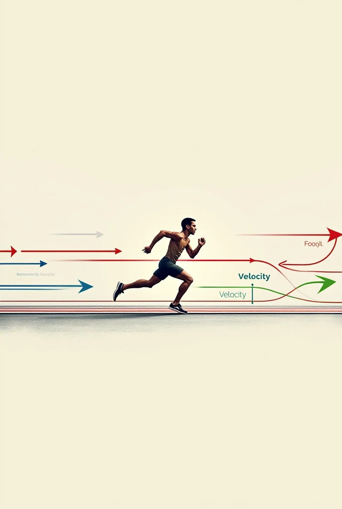 Track and Field Diagram with Vector Arrows
To illustrate the physics of sprinting, I'l describe a simple diagram:
Imagine a sprinter running on a straight track. The diagram includes the following vectors:
Change in Acceleration (Red Arrows): These vectors point forward and vary in size, representing the sprinter's increase in speed during the initial phase of the sprint (starting blocks to mid-race).
Change in Velocity (Blue Arrows) These arrows align with the sprinter's direction of motion, showing increases in velocity over time. They are initially smaller but grow longer as the sprinter acceleratesOverall Resultant Velocity (Green Arrow): This arrow represents the net velocity of the sprinter at any given moment, calculated as the sum of all velocity changes. It points forward, ìndicating the sprinter's direction and speed.
