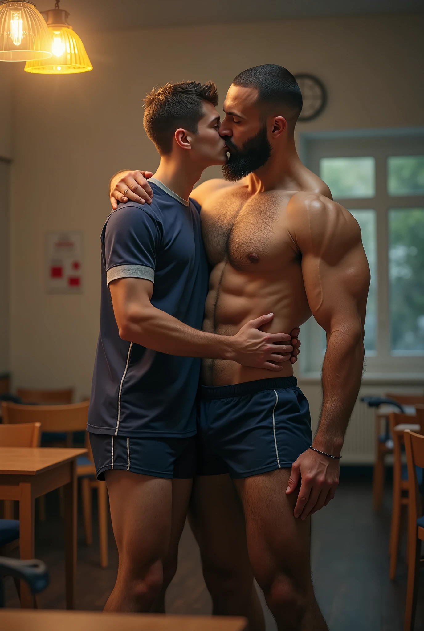Photo realistic image of handsome 4 white teacher, very tall and beardless, very muscular on a date with tight sports uniform on his big hairy muscular legs in love with a very young short age boy student in uniform  thin kissing