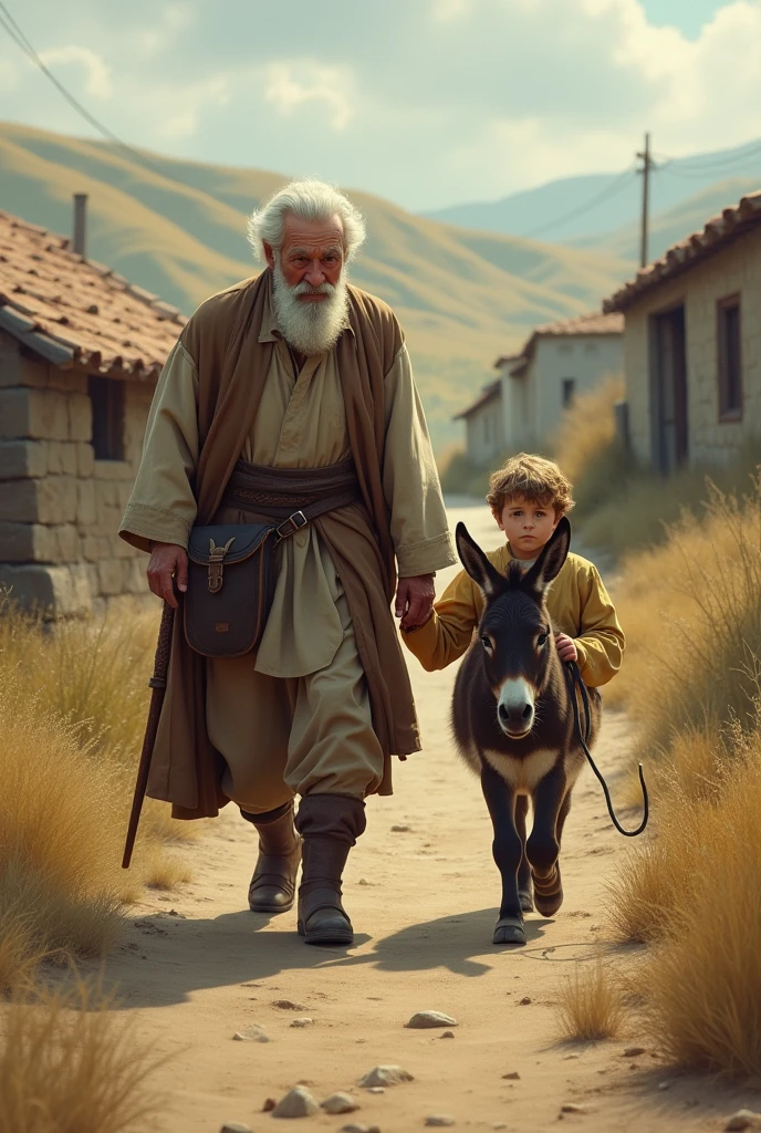 An old man holds a son by his hand and a donkey by his side