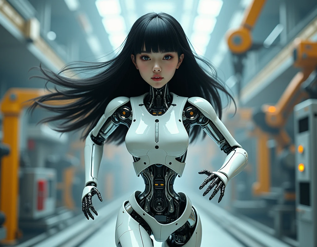 Full HD image of a female robot with a human head and long black hair with bangs running. Her body is made of transparent material so you can see the robot components inside her. She is in a robot assembly factory.