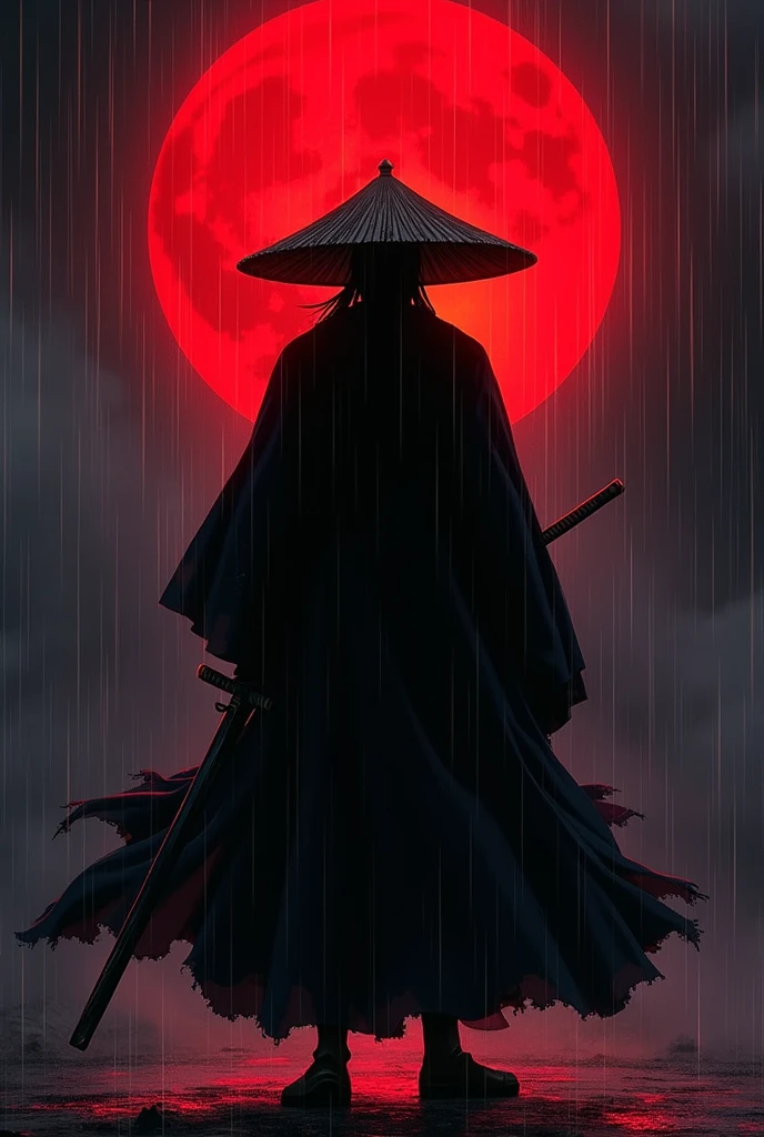 Demon Slayer 1 Yoriichi Tsugikuni。silhouette,There is a red moon in the background、Show me the sword、He is wearing a straw hat,The color is black.、The moon is in the center of the body、No Face。in the rain,Holding an umbrella,