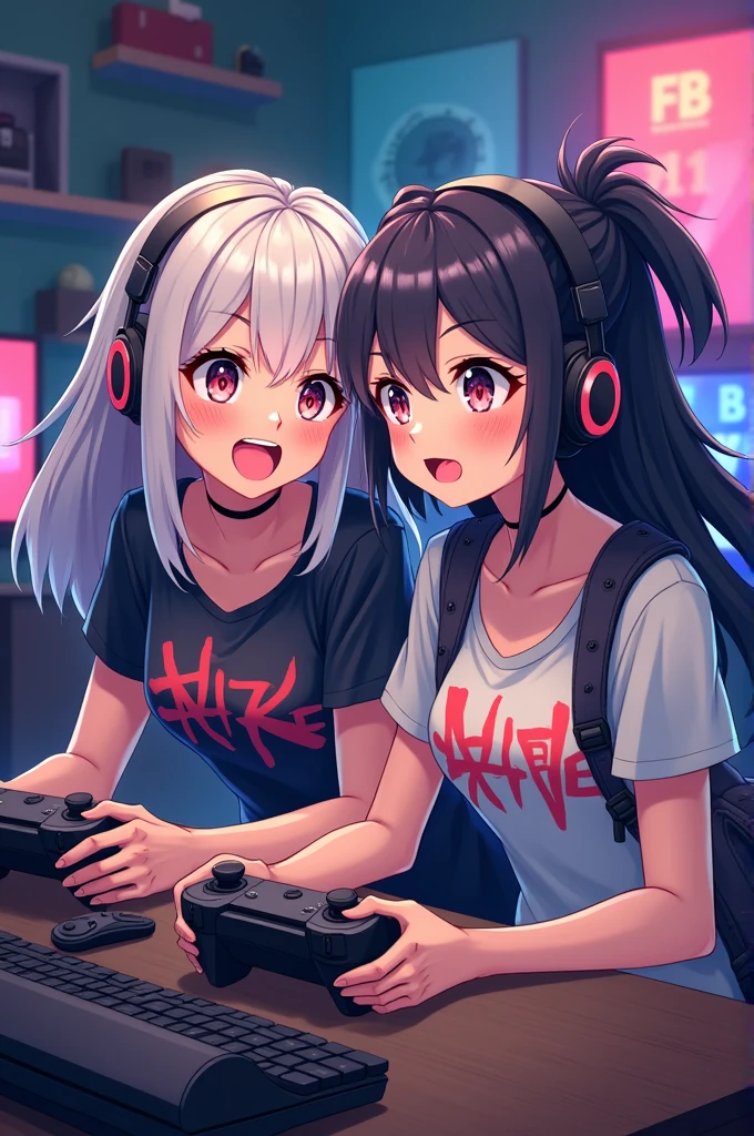 Two gamer aesthetic sister anime playing video games and shouting 
