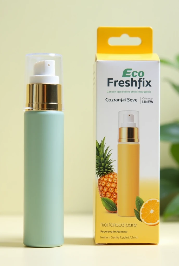 mini compact cylindrical atomizer, that the packaging has the name of eco freshfix and with a design of citrus fruits such as pineapple and orange that is practical and can be carried in a practical way to apply directly on a stain