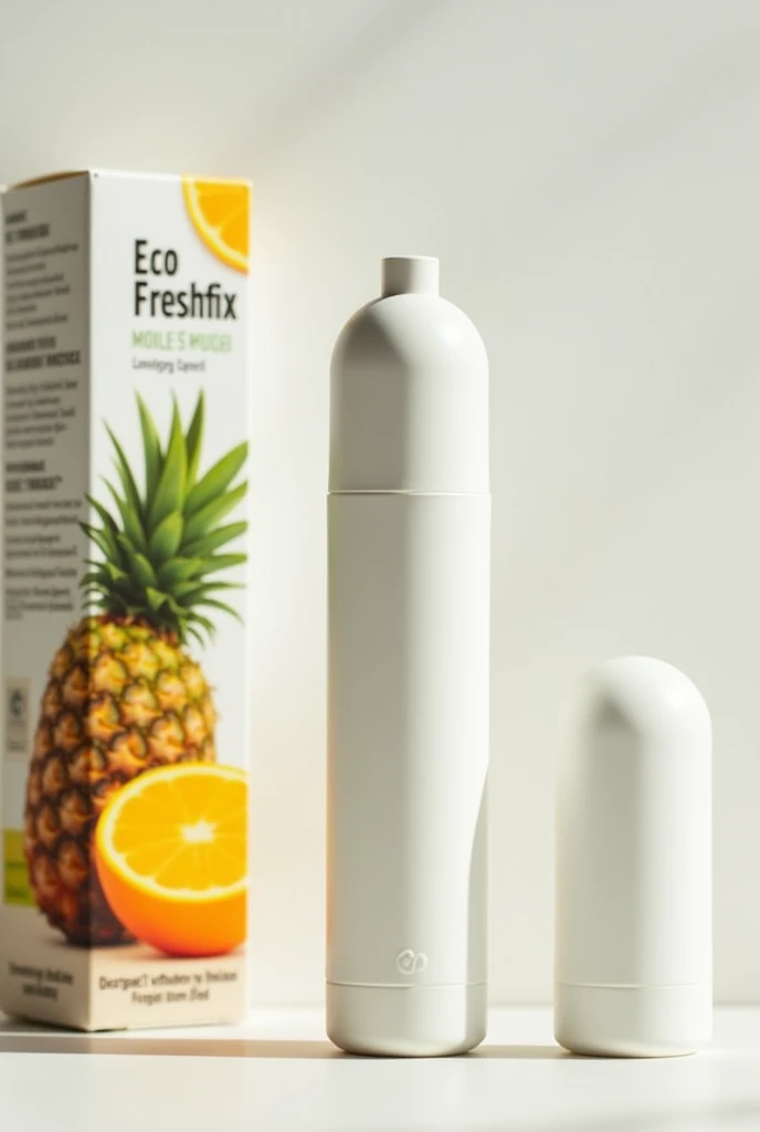 mini compact cylindrical atomizer, that the packaging has the name of eco freshfix and with a design of citrus fruits such as pineapple and orange that is practical and can be carried in a practical way to apply directly on a stain