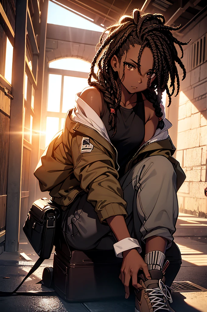 character with darker skin, young, 1, not very strong, has a body without many muscles, one of the arms is missing, the arm was cut off, stump of an arm, only has one arm, with dark dreadlocks, brown eyes and beige jacket , underneath a black tank top, wearing black pants and white sneakers, in the background a wall with apparent late afternoon sunlight, high resolution, perfect shadows, insane lighting, 8k