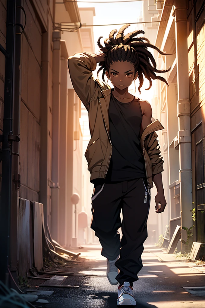 character with darker skin, young, 1, not very strong, has a body without many muscles, one of the arms is missing, the arm was cut off, stump of an arm, only has one arm, with dark dreadlocks, brown eyes and beige jacket , underneath a black tank top, wearing black pants and white sneakers, in the background a wall with apparent late afternoon sunlight, high resolution, perfect shadows, insane lighting, 8k