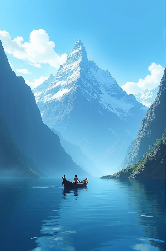 Create a landscape where you are surrounded by mountains , with an ocean in the background and a boat floating in it 