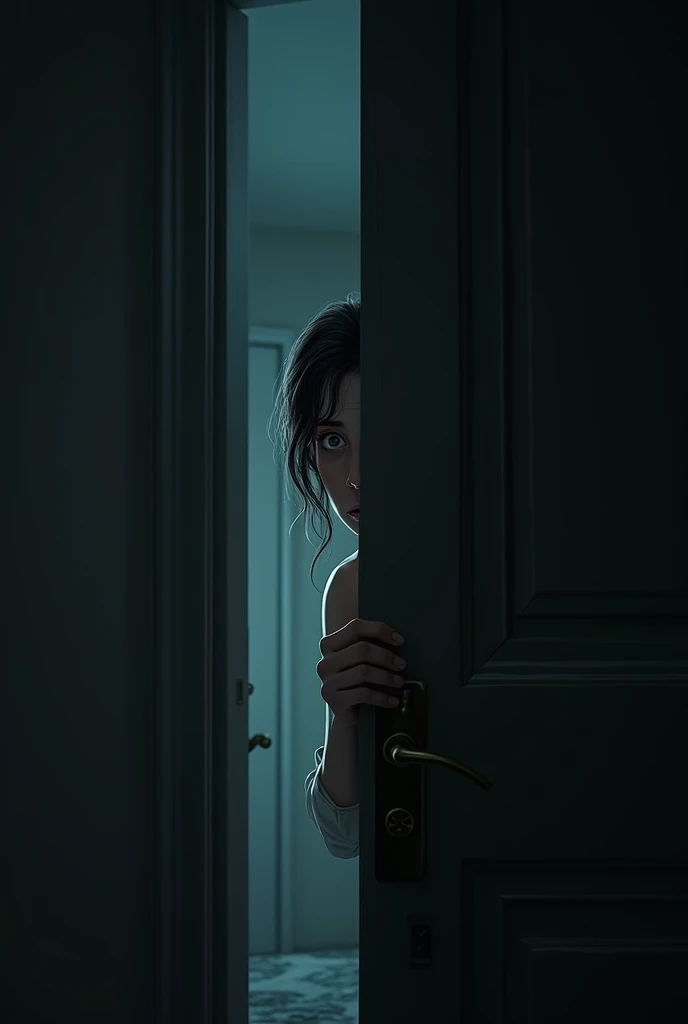 A picture of a female housekeeper with a scared face behind the closed room door is creepy