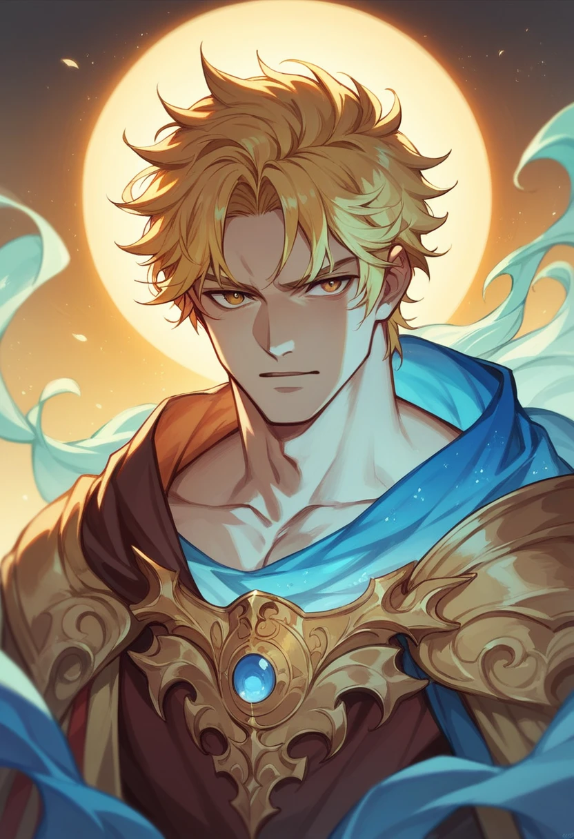 This image portrays a mystical figure male with flowing, golden hair and a serene expression, surrounded by golden tones and ethereal lighting. The setting seems to evoke a sense of otherworldly presence, suggesting themes of divinity, fantasy, or spirituality.