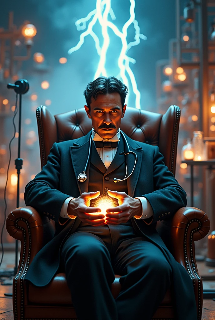  The scientist Tesla is sitting on a luxurious chair, wearing a coat and a stethoscope. The doctor has discovered physics in his hands, electricity, and behind him are physics experiments suitable for the cover of a book or magazine, in addition to an electrical effect next to him. 