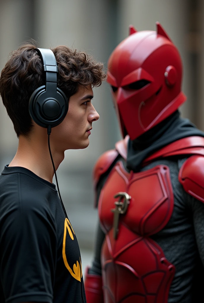 A young man with dark brown hair wearing a black batman shirt wearing headphones on his head facing a red knight in a red helmet with swords