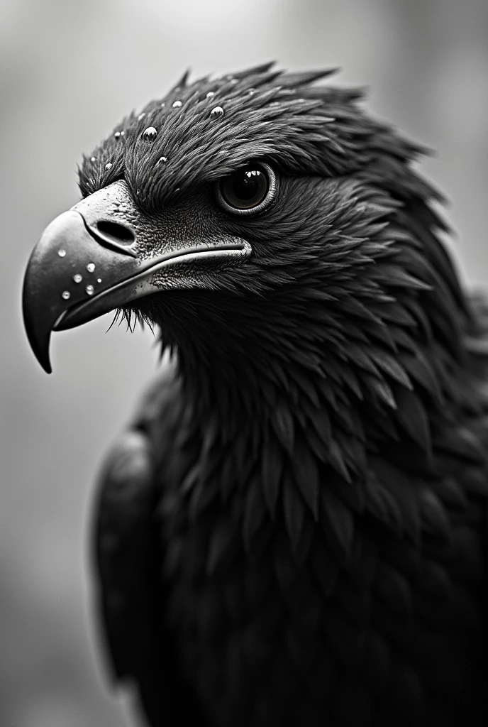 A whild Bird with angry mood and in black and white pic add more realistic water droplets on face