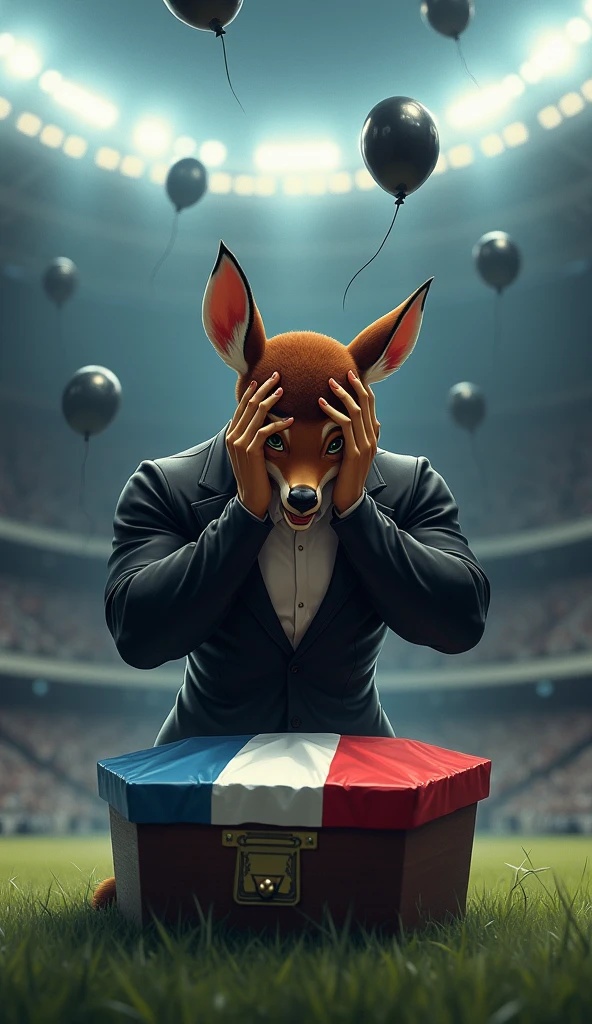 a bambi, muscular, puffed chest, wearing a black suit, crying with his hands on his head, sad expression, inside a soccer stadium, sad seeing a coffin with a flag over it highlighted in the colors blue, white, red, black balloons flying in the wind