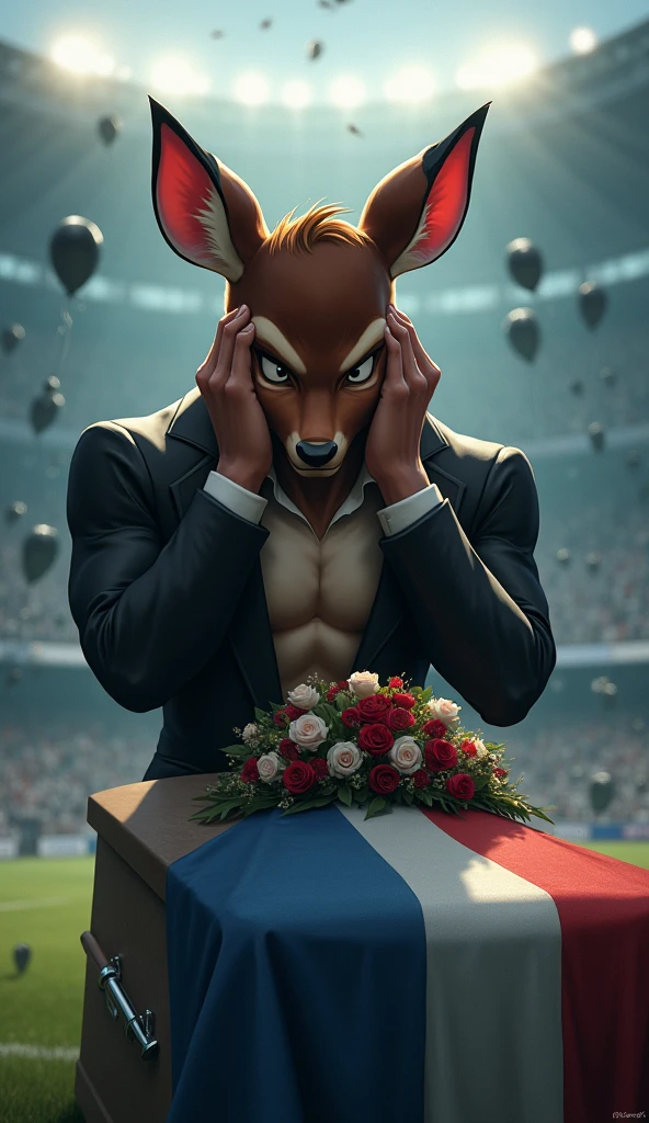 a bambi, muscular, puffed chest, wearing a black suit, crying with his hands on his head, sad expression, inside a soccer stadium, sad seeing a coffin with a flag over it highlighted in the colors blue, white, red, black balloons flying in the wind