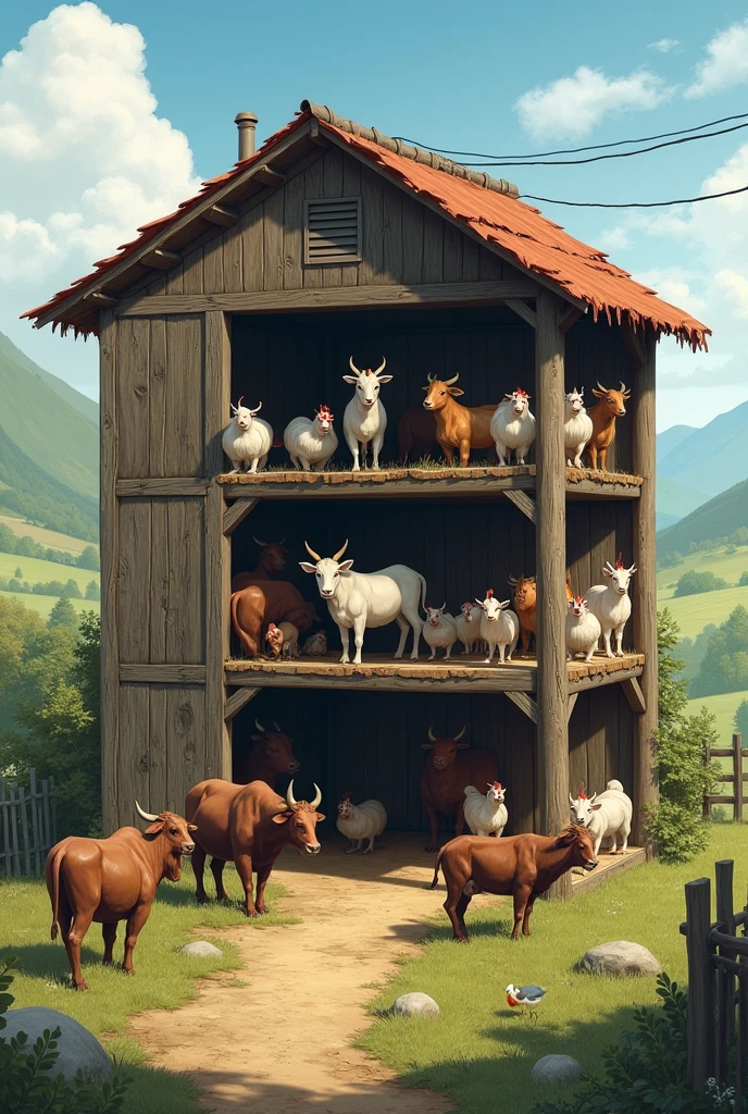 Three storey shed
Cow buffalo in first floor ,
Goats on the second floor ,
Chicken on the third floor