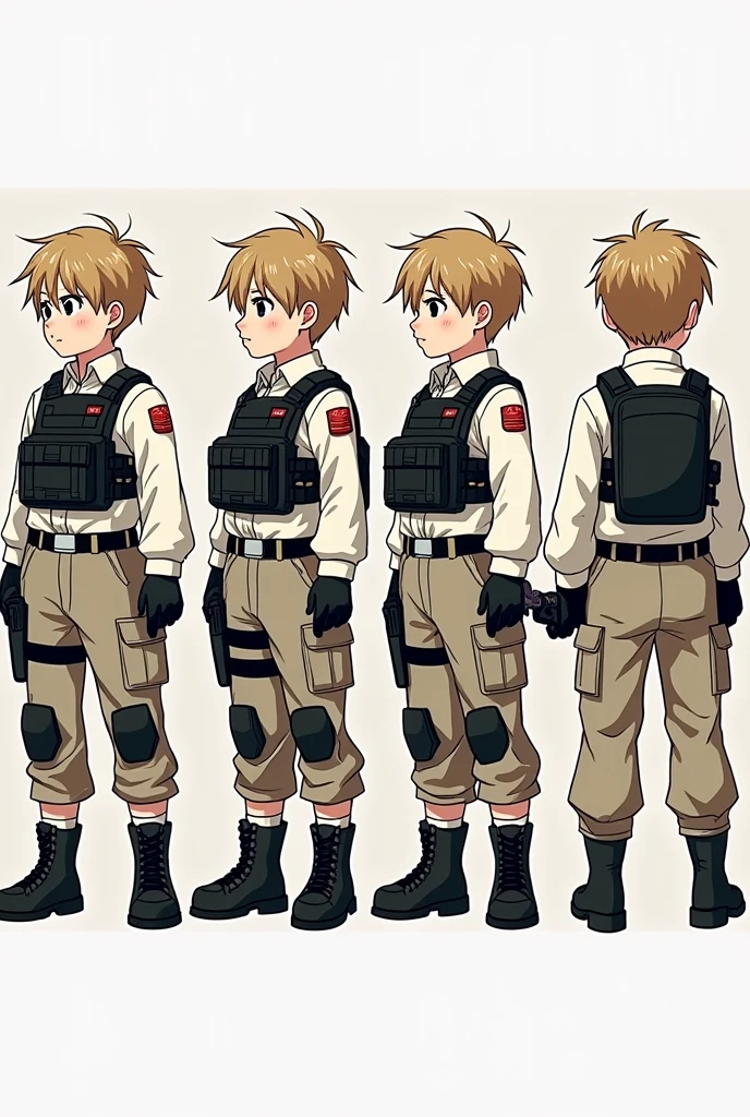 Standing boy, cute, 1 boy, , 4-sided design, Diagonals, front, back, profile, Head to body ratio 5, character sheet, whole body, simple background, Four perspectives, tactical gear, bulletproof vest, Good quality, high detail, Puppy Suin, bulletproof vest, Good quality, high detail, ultra detailed, masterpiece, best quality, aesthetic, detailed