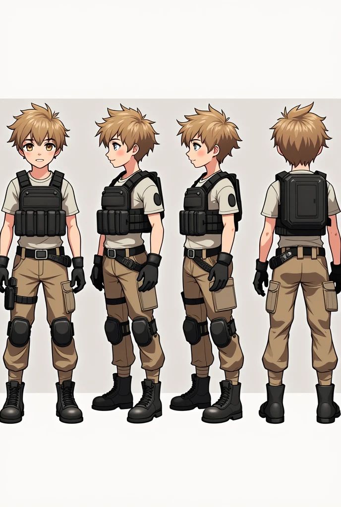 Standing boy, cute, 1 boy, , 4-sided design, Diagonals, front, back, profile, Head to body ratio 5, character sheet, whole body, simple background, Four perspectives, tactical gear, bulletproof vest, Good quality, high detail, Puppy Suin, bulletproof vest, Good quality, high detail, ultra detailed, masterpiece, best quality, aesthetic, detailed