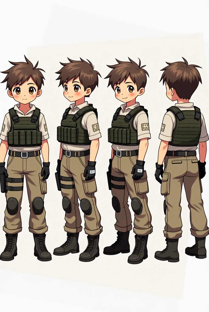 Standing boy, cute, 1 boy, , 4-sided design, Diagonals, front, back, profile, Head to body ratio 5, character sheet, whole body, simple background, Four perspectives, tactical gear, bulletproof vest, Good quality, high detail, Puppy Suin, bulletproof vest, Good quality, high detail, ultra detailed, masterpiece, best quality, aesthetic, detailed