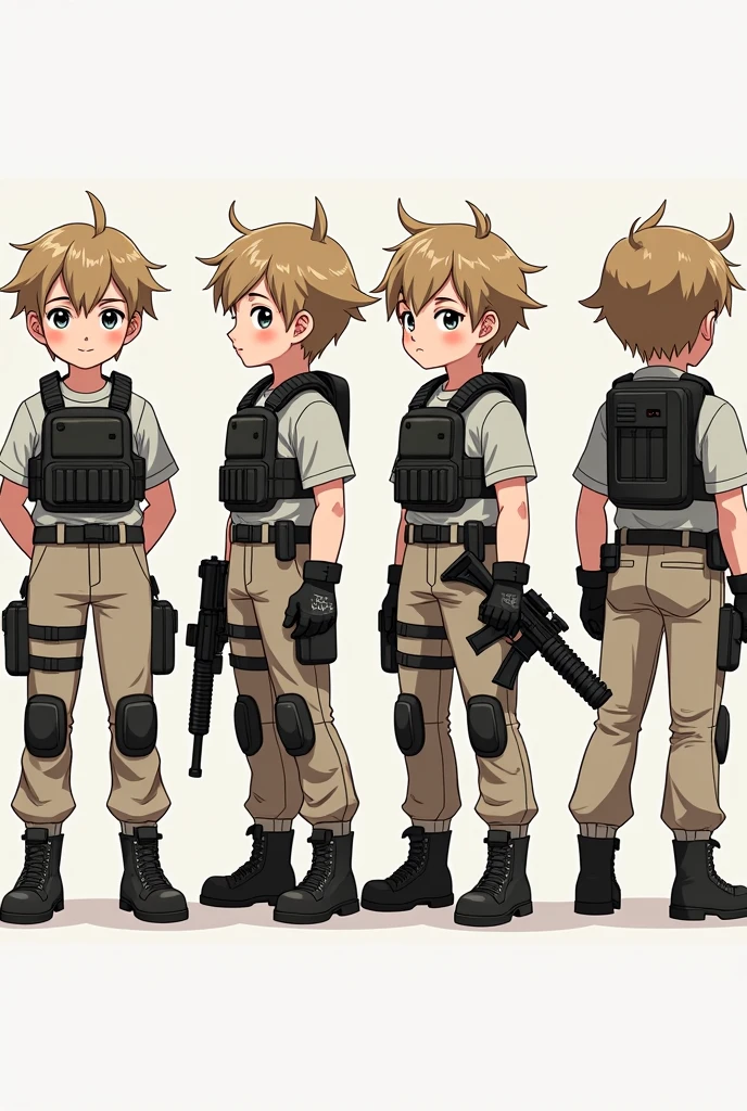 Standing boy, cute, 1 boy, , 4-sided design, Diagonals, front, back, profile, Head to body ratio 5, character sheet, whole body, simple background, Four perspectives, tactical gear, bulletproof vest, Good quality, high detail, Puppy Suin, bulletproof vest, Good quality, high detail, ultra detailed, masterpiece, best quality, aesthetic, detailed