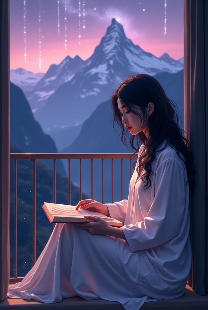 an extremely beautiful woman, dark eyed, tender, black wavy hair, with white pajamas, reading a book, sitting on a balcony and a background of a rain of stars with a purple sky and mountains of Switzerland 