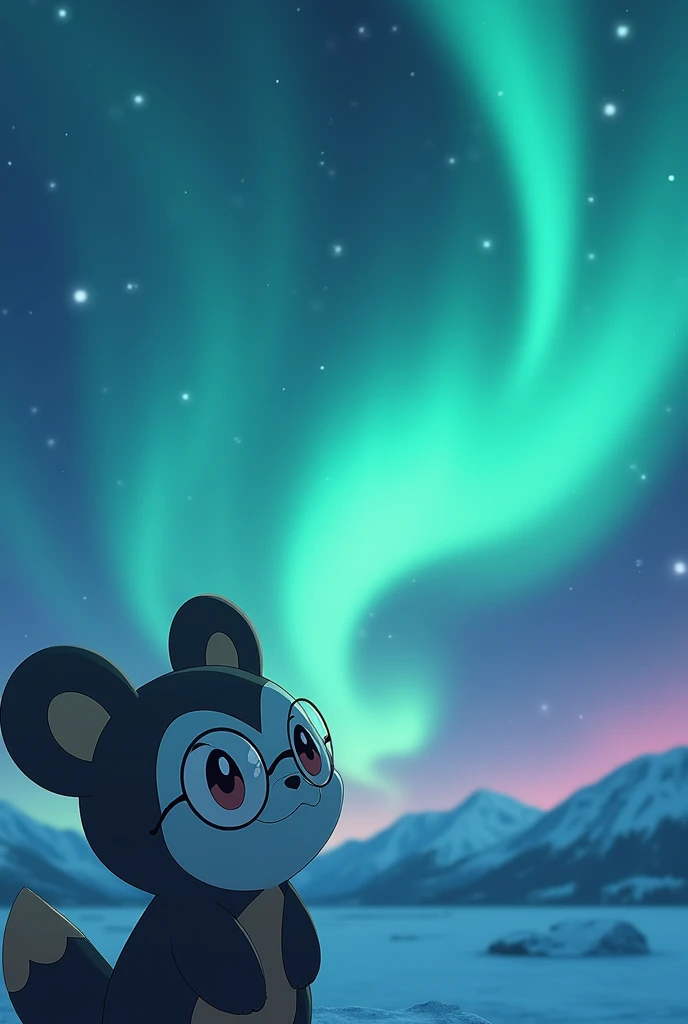 Give me an image of oshowatt Pokemon wearing spectacles , do not show it cute , show it a bit nerdy and the Pokemon must be watching Arora Borealis , the Pokemon must cover only 5 percent of the image meaning it should be smaller in size , 90 percent of image must be of the northern lights , show oshwatt as it was in the Pokemon tv show with Ash Ketchum , keep a slight smile on the Pokemon 's face