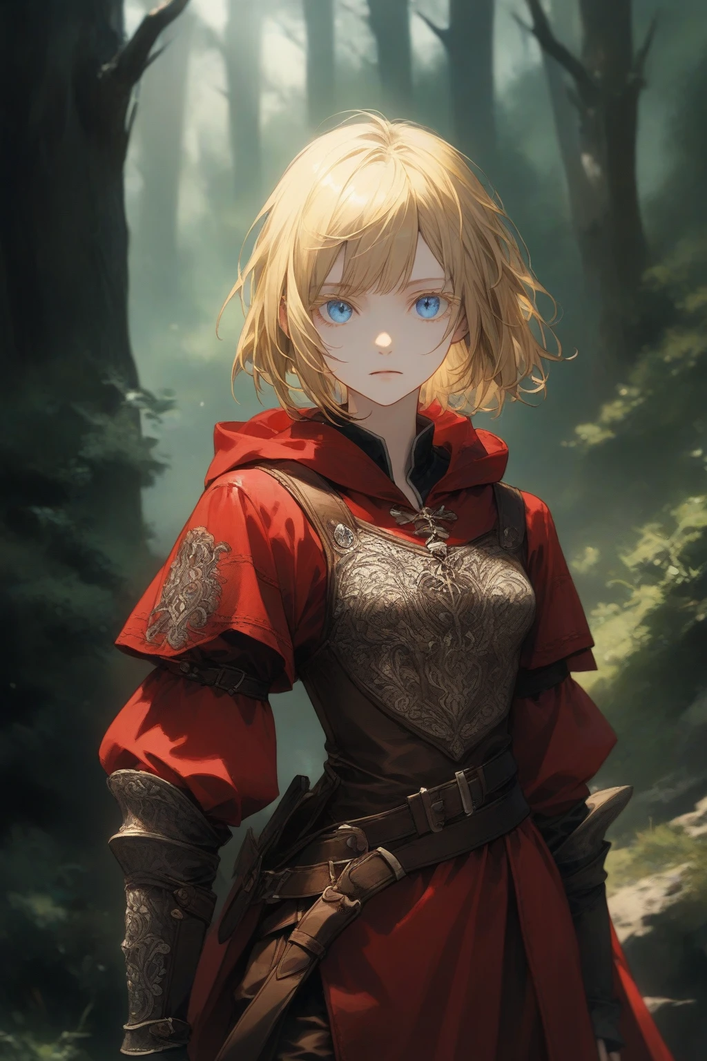 masterpiece, best quality, very aesthetic, absurdres,1girl,rating: general,(hyper detailed eyes),blonde hair,short hair,[disheveled hair],colored eyelashes,blonde eyelashes,blue eyes,(sharp eyes),(slanted eyes),choppy bangs,medium breasts,clear face,expressionless,(red hooded cloak),leather armor,leather chest guard,leather gauntlets,leather greaves,leather boots,dual sheathed,dagger,medieval,fantasy,forest,