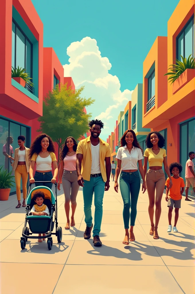 a street in the future where you see women and men, at least one man with a stroller, who cares for his children. The women all look happy and feel safe. They are all equal. Along the street there are many colorful houses. In a house you see a man vacuuming. The people on the street are all diverse and from different cultures. You also see a woman as boss.