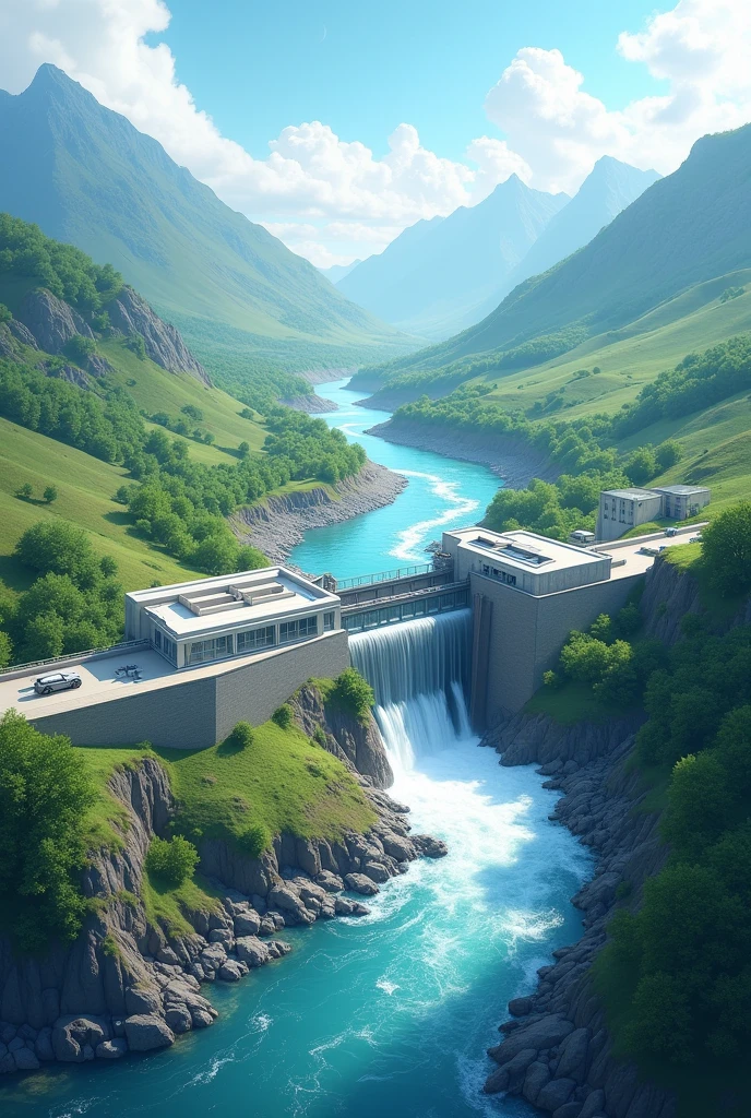 An illustration of a run-of-river project, highlighting its potential to generate electricity and improve water flow.