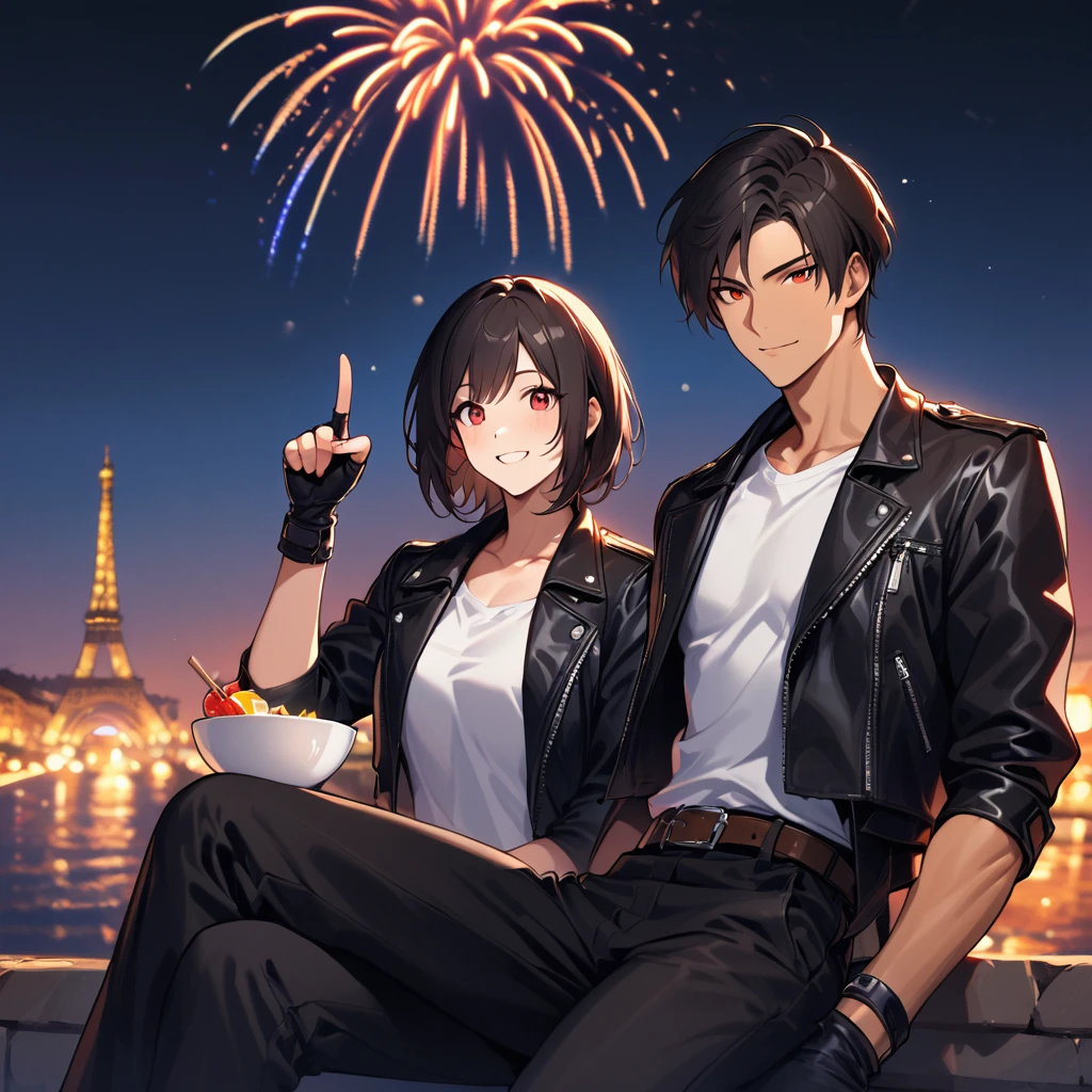 Orochiquillo, viewer looking, dark skin, couple, two people, man and woman, red eyes, ((rolled up black leather jacket)), fingerless gloves, black hair, white T-shirt, ((white bowl)), black pants, white shoes, brown belt, handsome, shot, charming, masterpiece, high resolution, fine face, fine grain, night , blue sky, confident smile, with lover, promenade des Anglais, dining on terrace, drinking cocktail in cocktail glass, bright fireworks, France, pointing to sky, watching fireworks, sitting cross-legged, looks like fun, using gesture often associated with peace sign when speaking ( Tele from restaurant), outdoors, eating, (((( full faithful finger ))))