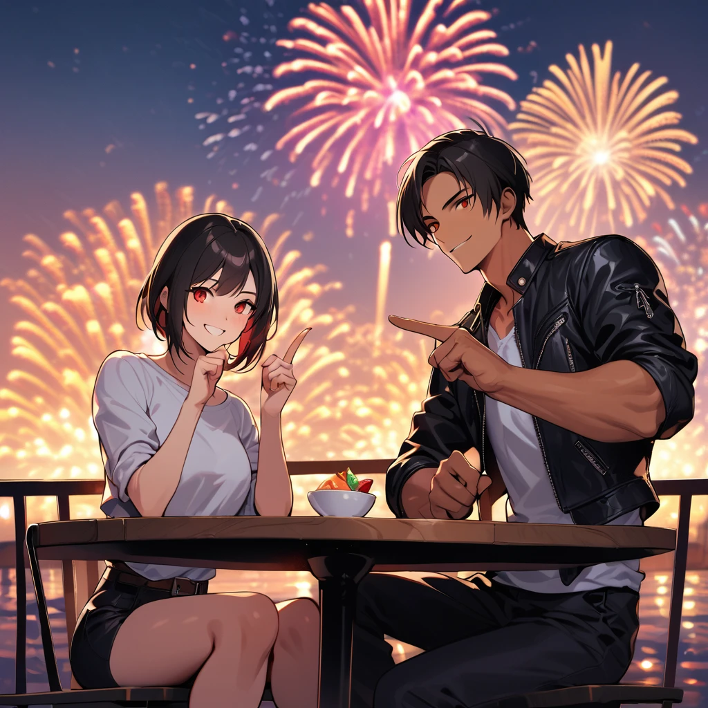 Orochiquillo, viewer looking, dark skin, couple, two people, man and woman, red eyes, ((rolled up black leather jacket)), fingerless gloves, black hair, white T-shirt, ((white bowl)), black pants, white shoes, brown belt, handsome, shot, charming, masterpiece, high resolution, fine face, fine grain, night , blue sky, confident smile, with lover, promenade des Anglais, dining on terrace, drinking cocktail in cocktail glass, bright fireworks, France, pointing to sky, watching fireworks, sitting cross-legged, looks like fun, using gesture often associated with peace sign when speaking ( Tele from restaurant), outdoors, eating, (((( full faithful finger ))))