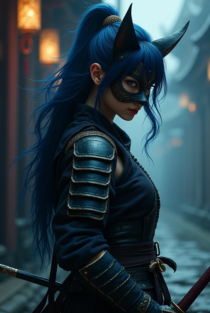 Samurai women with a cat mask with dark blue hair 