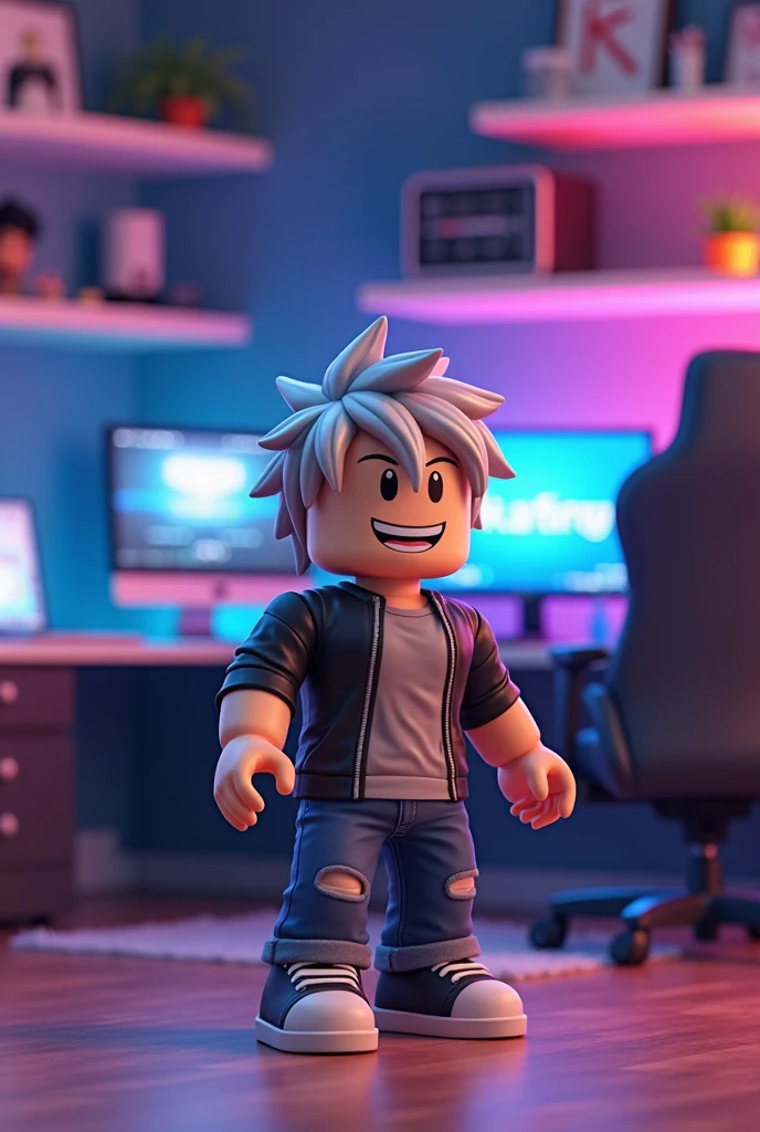 make a roblox style guy with silver hair in a gaming room