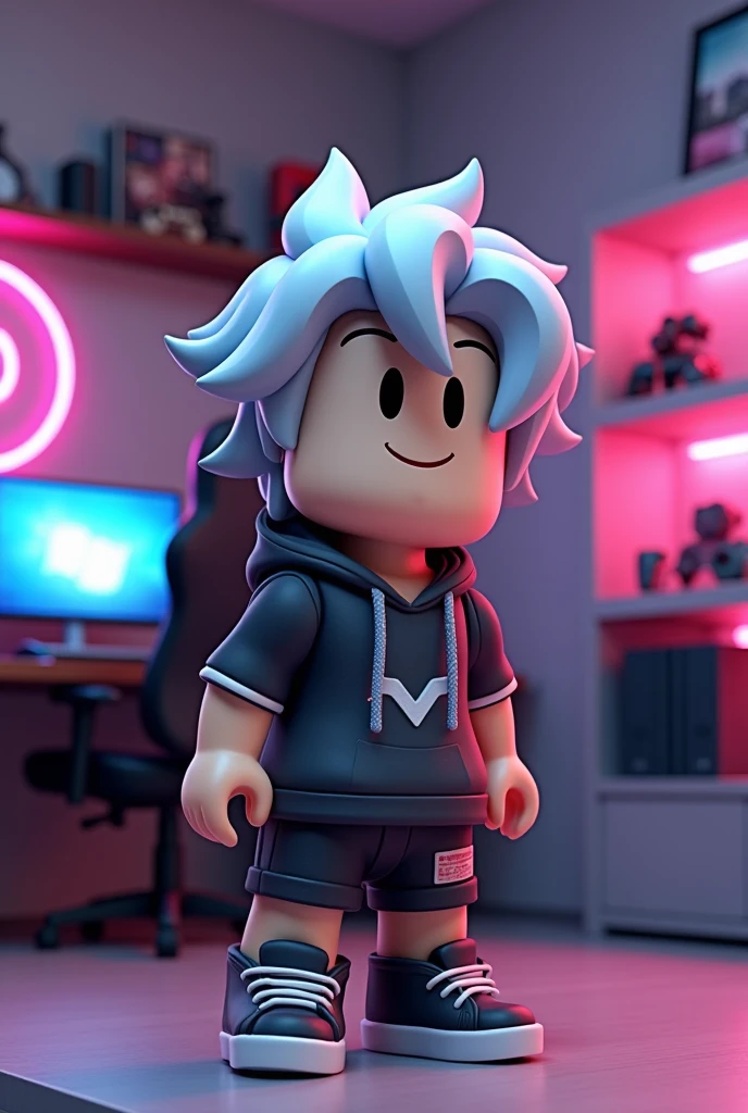 make a roblox style guy with silver hair in a gaming room
