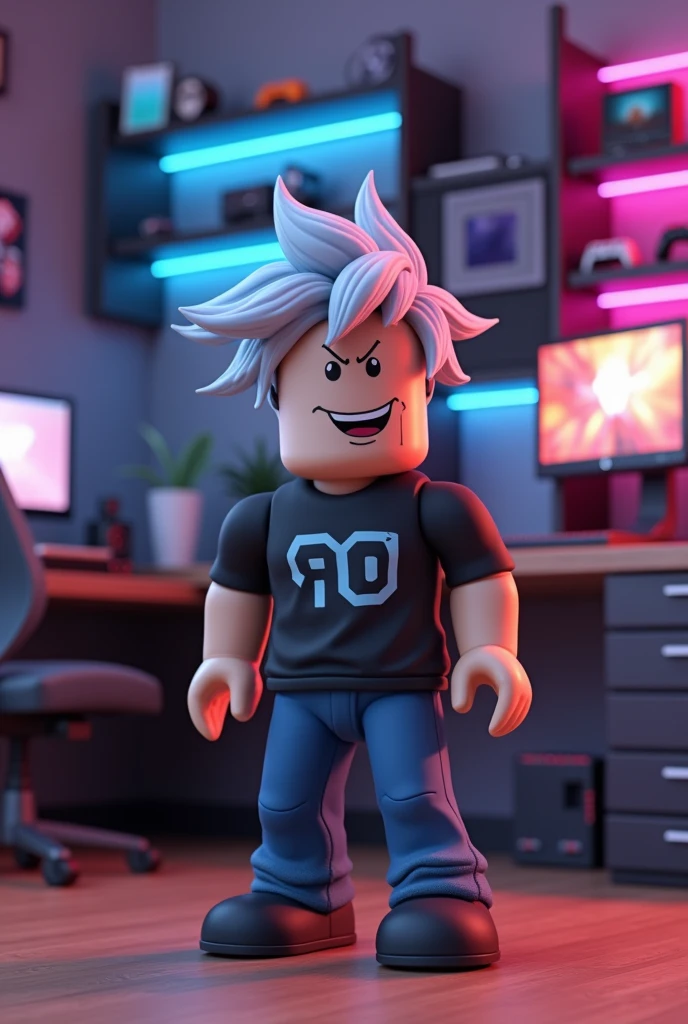 make a roblox style guy with silver hair in a gaming room