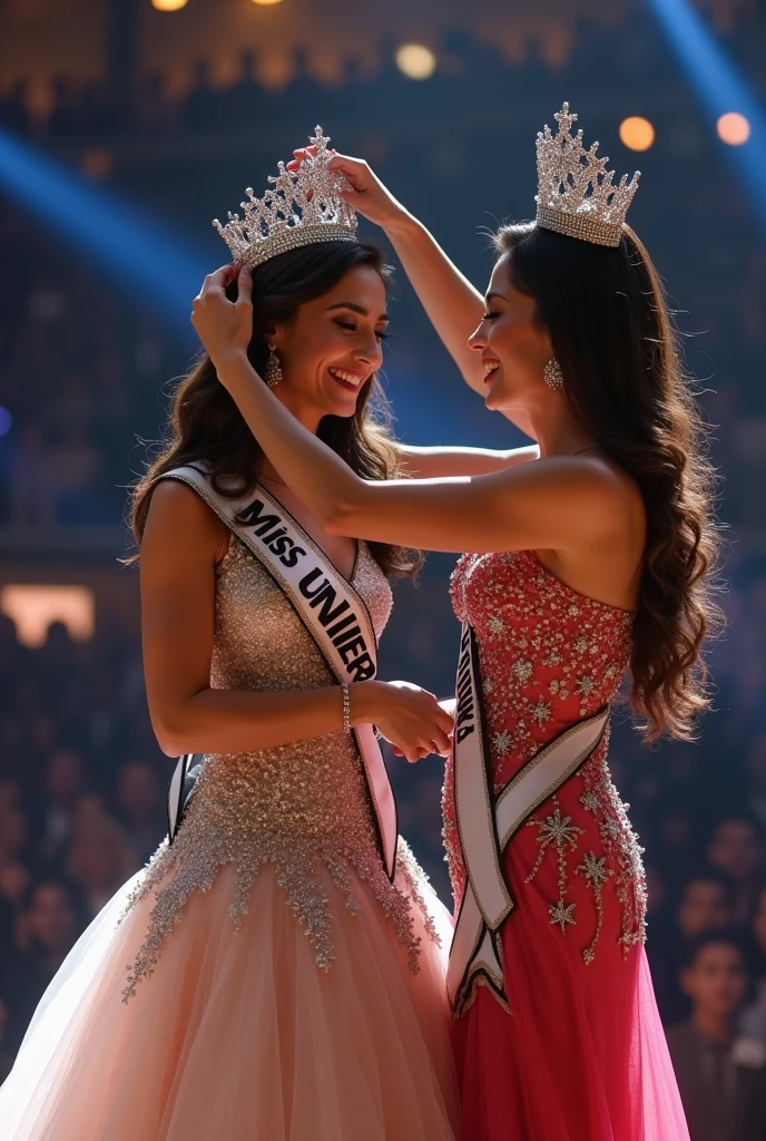 The reigning Miss Universe put the crown on the winner head from behind her. The winner crying. They wear evening gown at stage