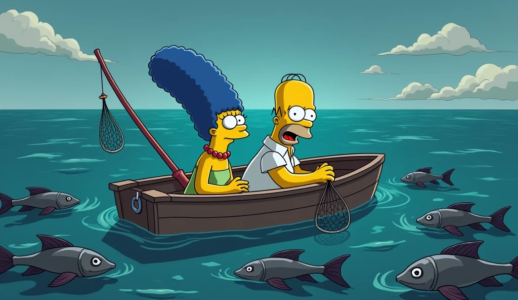 a simpsons style image of Homer Simpson and marge Simpson looking terrified sitting in a fishing boat holding fishing lines and nets. all the fish surrounding them are dead and grey and floating on the surface of the water. it is zoomed out so the boat looks small in the huge ocean