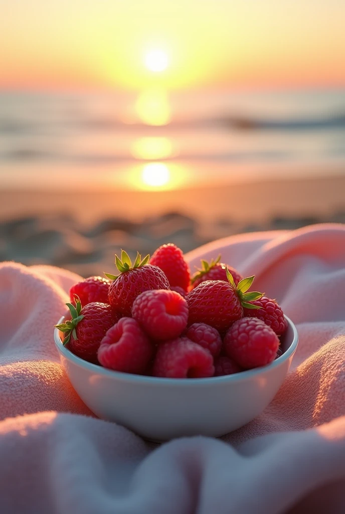 (photorealism:1.2), small bowl of strawberries, raspberries, on a towel at the beach at sunset