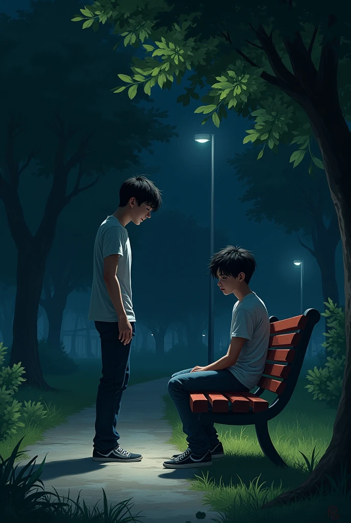 creates an image of two young men sitting in a park at night and one of the young men leaves and the other is left alone


