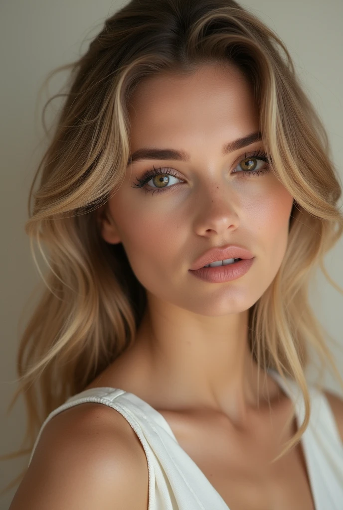 beautiful women with blond hair, brown eyes, standing and looking at the  camera