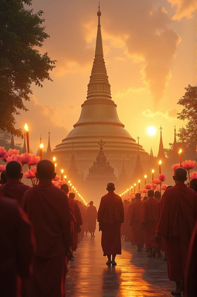 A serene view of the Shwedagon Pagoda in Yangon at dusk. The golden spire glows against the dusk sky. Monks in cotton robes march in procession, offering lotus flowers and candles, creating a peaceful and spiritual atmosphere.