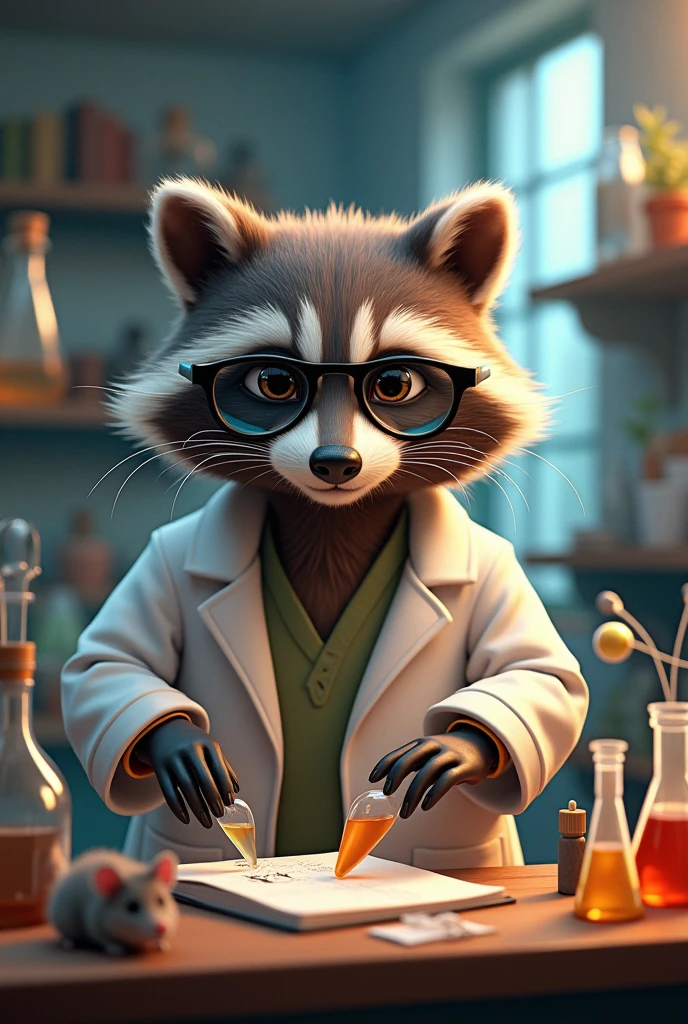 Create an image of a scientist raccoon in his lab