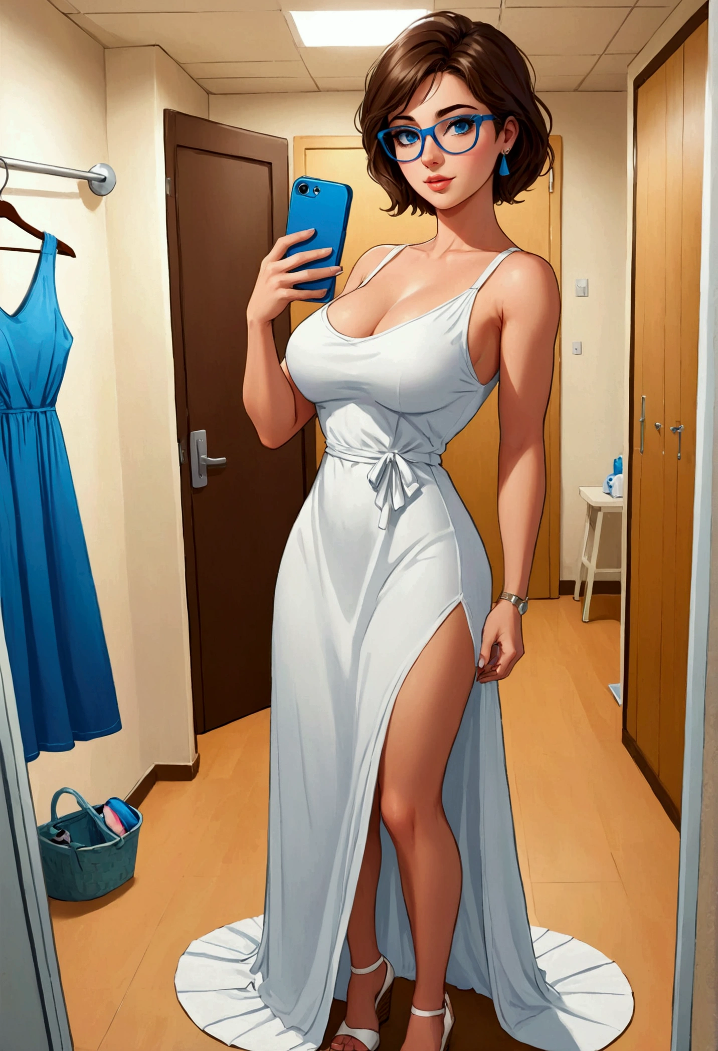 20 years old woman, Short brown hair, Mediterranean with blue eyes, Generous and heavy breasts, slender waist, definition of l'estomac, fesses rebondies et pulpeuses, naturally curved, muscular thighs, aguicheuse , blue eye, lunettes, fitting room, White long Summer dress, wedge ,Selfie, earrings