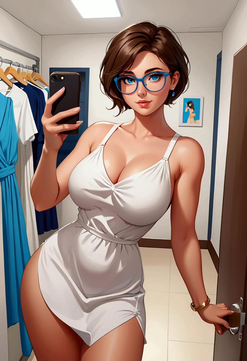 20 years old woman, Short brown hair, Mediterranean with blue eyes, Generous and heavy breasts, slender waist, definition of l&#39;estomac, fesses rebondies et pulpeuses, naturally curved, muscular thighs, aguicheuse , blue eye, lunettes, fitting room, White long Summer dress, wedge ,Selfie, earrings 