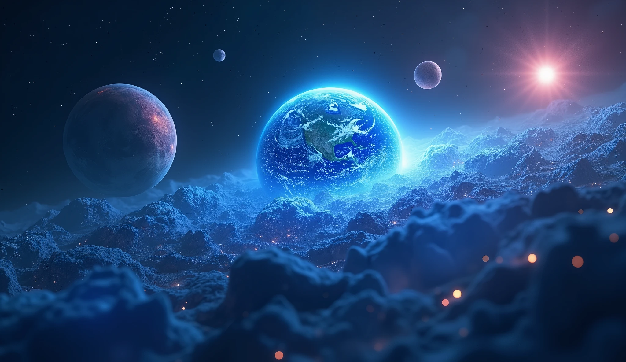 Creating a blue energy planet，Blue Earth Theme,(The Earth is not too big),Earth-centered,There are also planets glowing in various colors next to it.