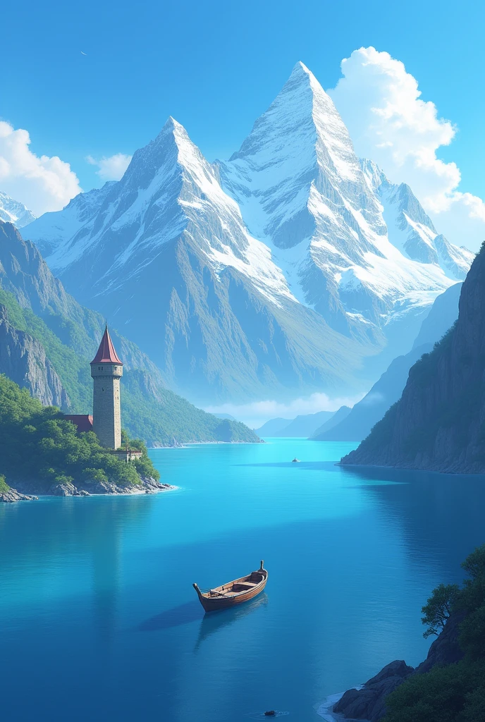 Create a landscape where you are surrounded by mountains , with an ocean in the background and a boat floating in it , between a tower near the mountains