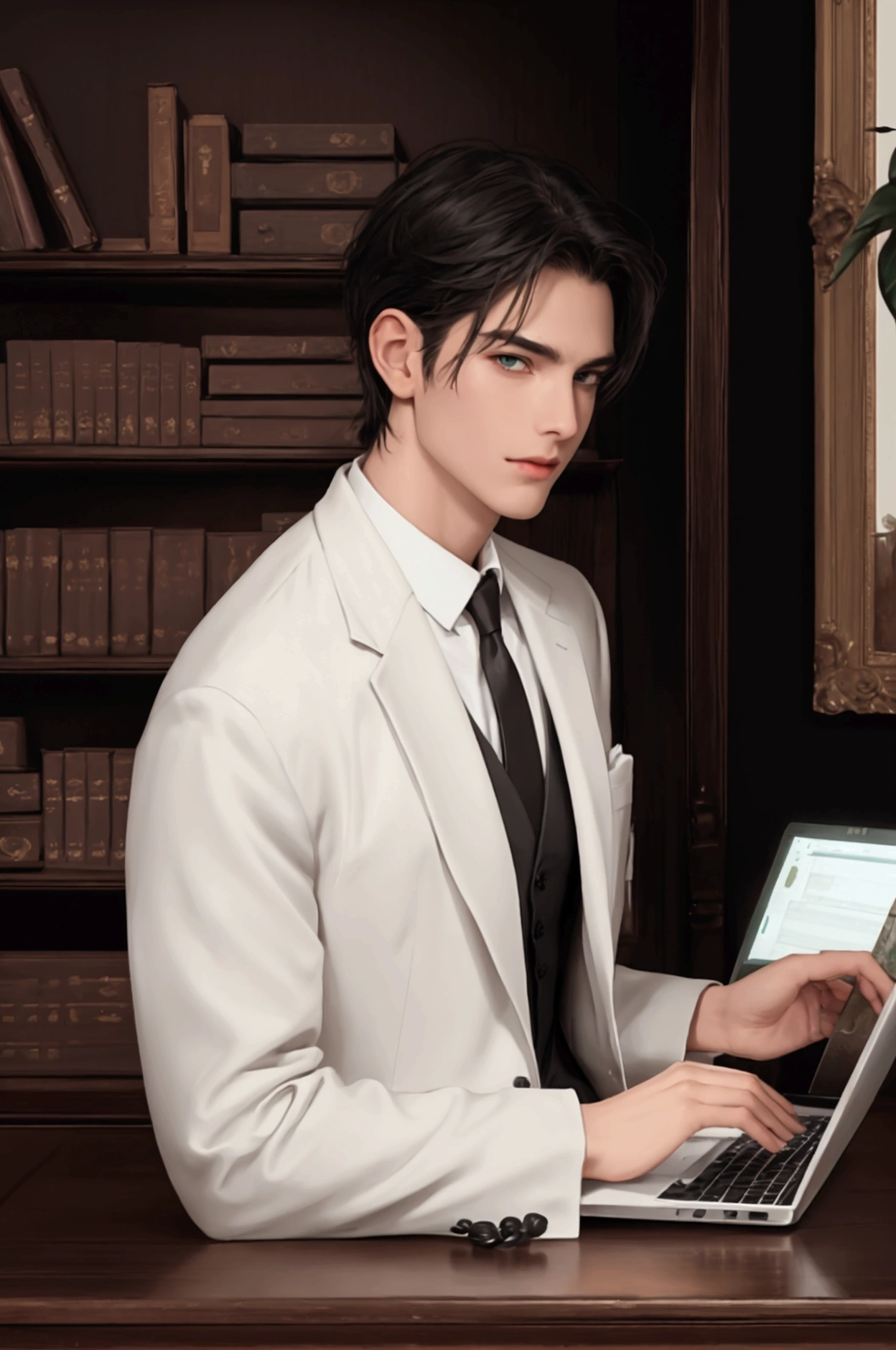(pose))), (photorealistic photo: 1.3), rim luzing, (high detailed leather:1.2), 8k hd, DSLR, high quality, High resolution, 4k, 8k, bokeh, absurd, (real:1.3), (((Detail on face))), (((body details))), (detail in clothing))), ((detalle en bottom))), ((semi realistic anime)) 
character: Tall Man, good physique, fit, attractive, the most beautiful man, Without beard, long black hair, White skin, grayish green eyes, young adult. 
CLOTHES; White coat, black vest, White shirt, Black pants. 
bottom: Psychiatric hospital, Psychiatrist&#39;s Office (black wood desk, laptop, plants, cream walls, shelf with books, paintings. peace, calm) 
pose: safe, confident, fun, en calm. 