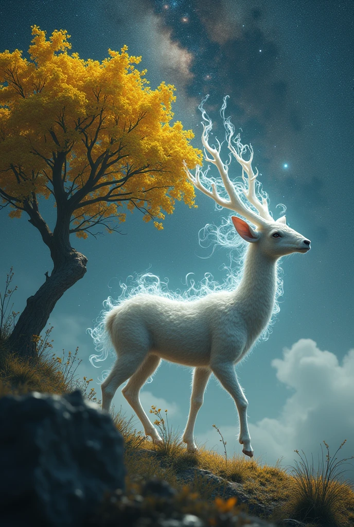 Curious animal similar to gold Ofir another universe, be like a servant of cosmic smoke that does not have a human form but rather that of a servant or deer.
Cosmos background of the Milky Way and yellow ipê tree
