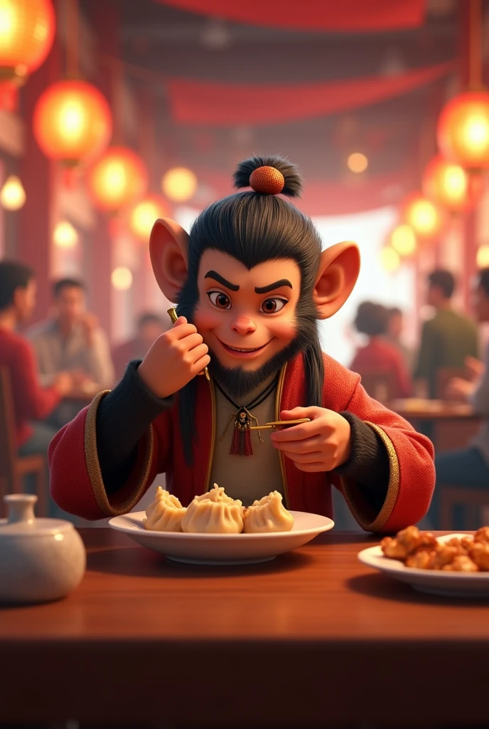 "Black Myth:Wukong"The protagonist in "Wukong"Eating a basket of xiaolongbao happily in the restaurant。,Volumetric lighting 。3d,4K, HD, ultra wide angle lens