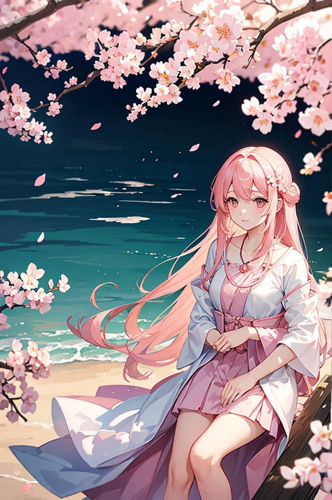 A tranquil spring scene with cherry blossoms in full bloom, Young woman with long pink hair and soft pink eyes, Dressed in delicate spring attire, Looks like he's about to doze off quietly under the cherry blossom tree., Petals fall gently around her, Soft light shines through the cherry blossoms, Warm and calm atmosphere, Anime Style, Detailed Environment, Soft focus on the characters, Dreamy and tranquil mood,attractive and large breasts