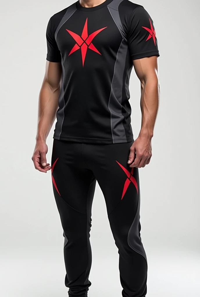 A set of pants and shirt with the Pathfinder symbol, sportswear that predominantly uses black colors, red and gray for the Sacerdotes club